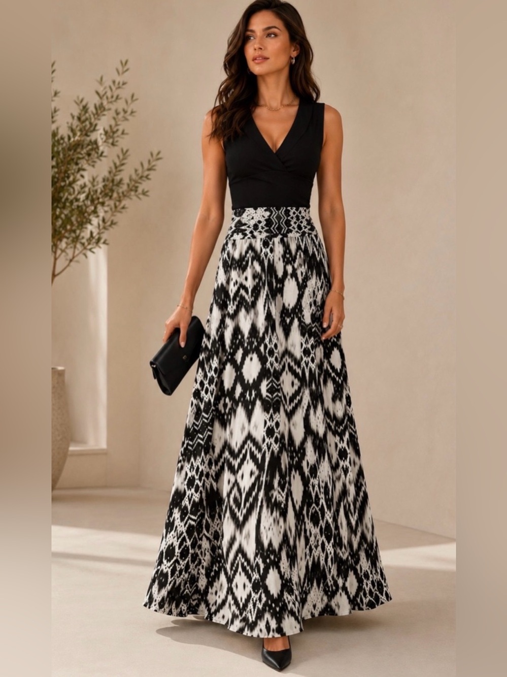Y2K Attention Black & White Ikat Pattern Smocked Maxi